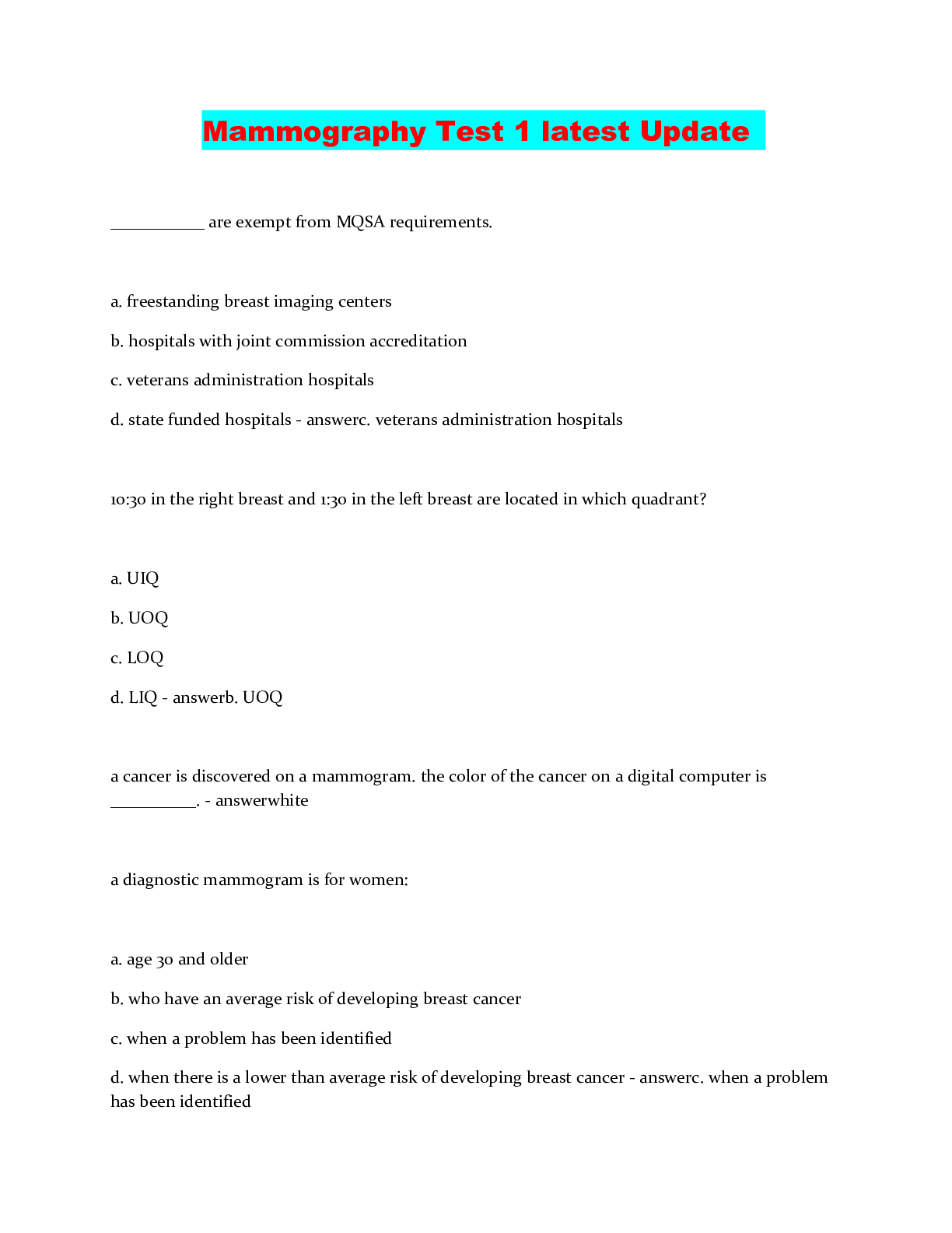 Preview image of Mammography Test 1 latest Update document